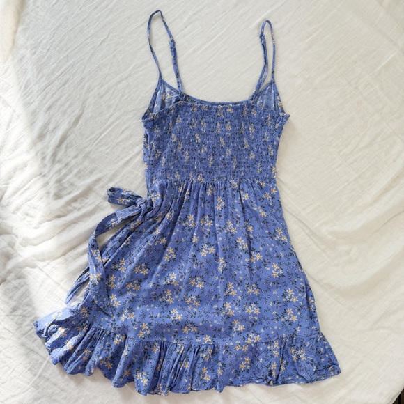 Blue Floral Mini Tie Dress with Ruffles 100% Rayon - Picture 6 of 9